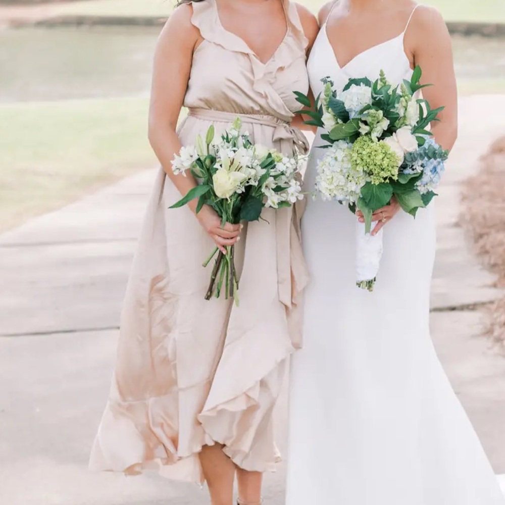 Show me your Mumu Samantha Ruffle Wrap dress in Champagne Luxe Satin